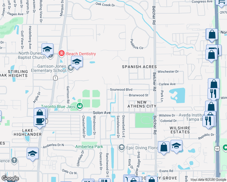map of restaurants, bars, coffee shops, grocery stores, and more near 1820 Sourwood Boulevard in Dunedin