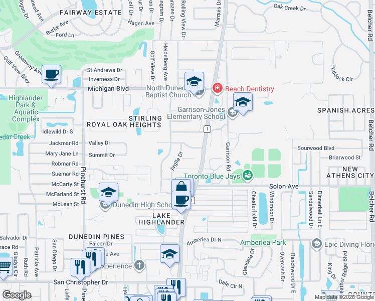 map of restaurants, bars, coffee shops, grocery stores, and more near 1568 Burnham Lane in Dunedin