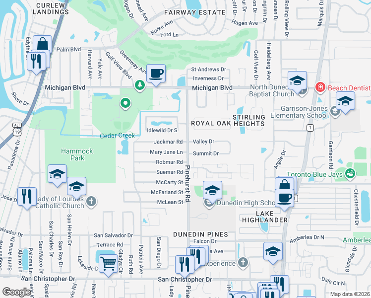 map of restaurants, bars, coffee shops, grocery stores, and more near 1773 Pinehurst Road in Dunedin