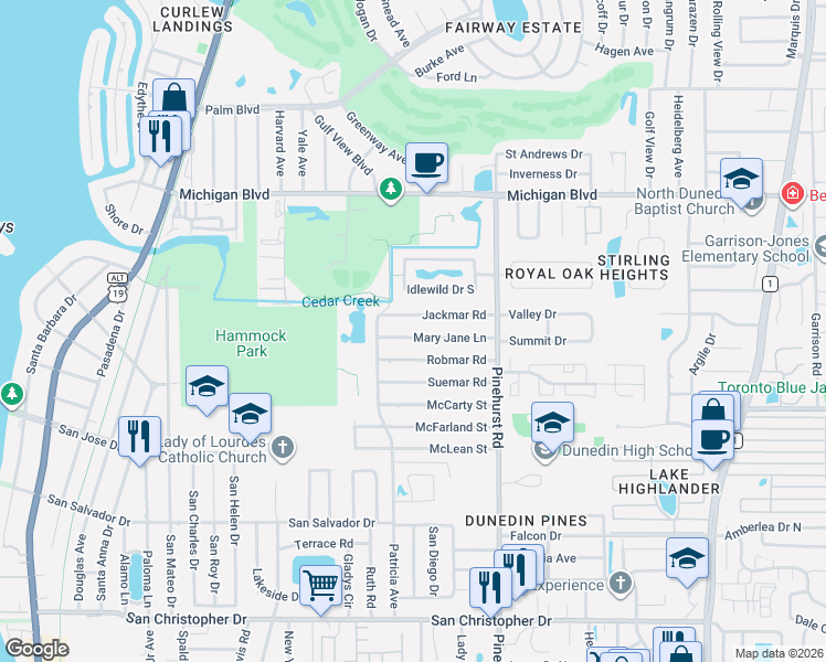 map of restaurants, bars, coffee shops, grocery stores, and more near 1095 Jackmar Road in Dunedin