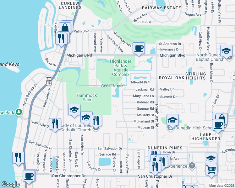 map of restaurants, bars, coffee shops, grocery stores, and more near 1788 Patricia Avenue in Dunedin