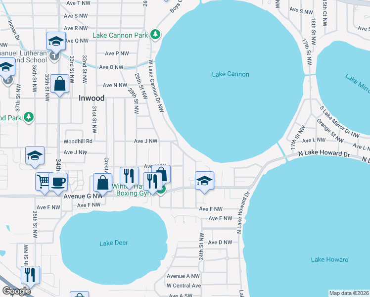 map of restaurants, bars, coffee shops, grocery stores, and more near 1016 West Lake Cannon Drive Northwest in Winter Haven
