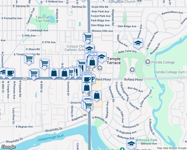 map of restaurants, bars, coffee shops, grocery stores, and more near 110 Bullard Parkway in Temple Terrace
