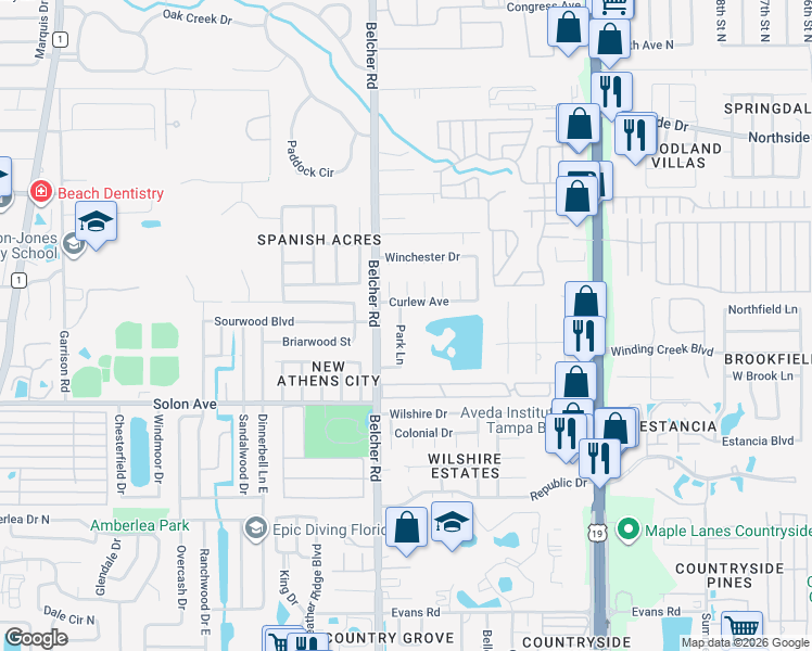 map of restaurants, bars, coffee shops, grocery stores, and more near 3083 Park Lane in Dunedin