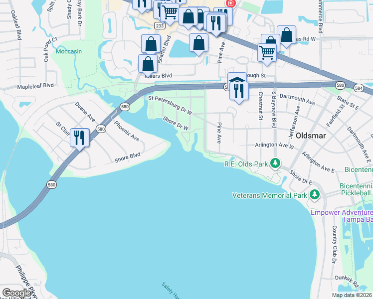 map of restaurants, bars, coffee shops, grocery stores, and more near 129 Brent Circle in Oldsmar