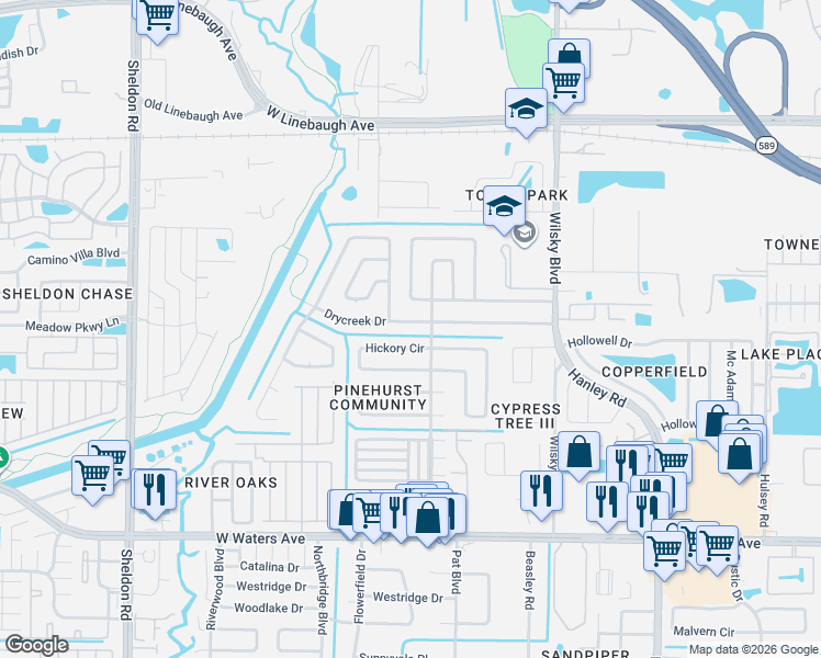 map of restaurants, bars, coffee shops, grocery stores, and more near 8307 Drycreek Drive in Tampa