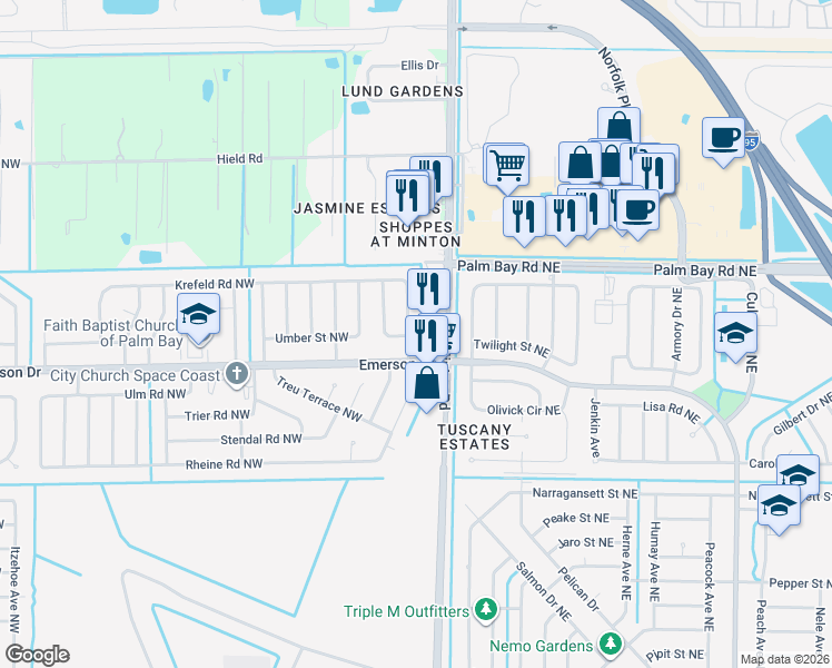 map of restaurants, bars, coffee shops, grocery stores, and more near 139 Krefeld Road Northwest in Palm Bay