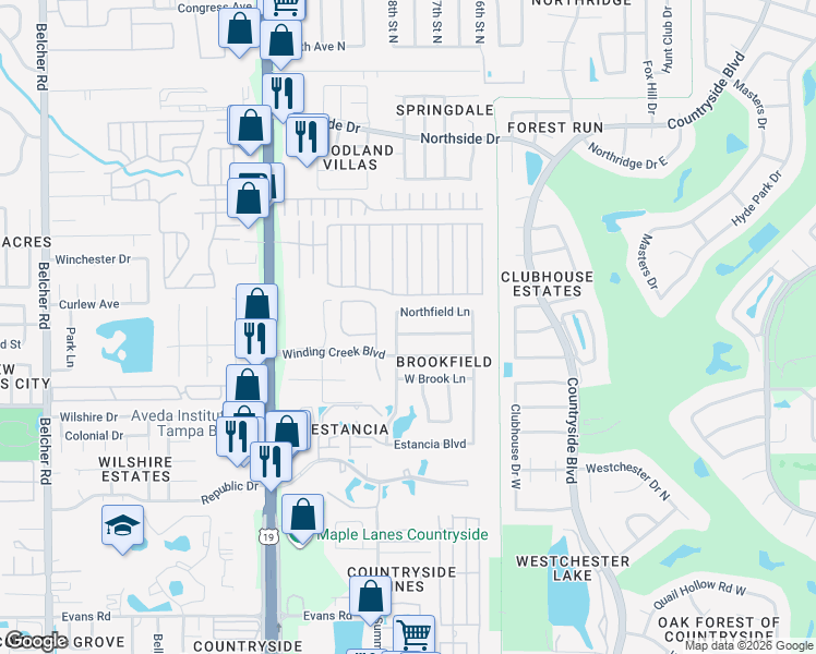 map of restaurants, bars, coffee shops, grocery stores, and more near 2525 Northfield Lane in Clearwater