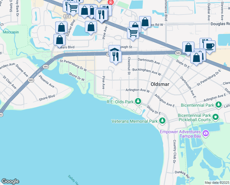 map of restaurants, bars, coffee shops, grocery stores, and more near 405 Arlington Avenue West in Oldsmar