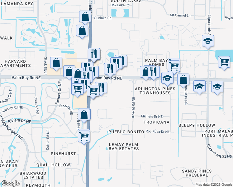 map of restaurants, bars, coffee shops, grocery stores, and more near 1790 Palm Bay Road Northeast in Palm Bay