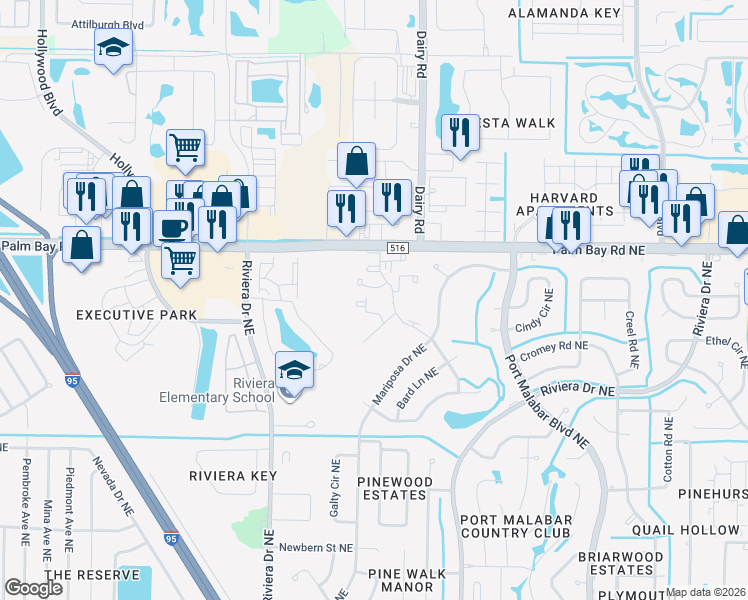 map of restaurants, bars, coffee shops, grocery stores, and more near 1031 Abada Court Northeast in Palm Bay