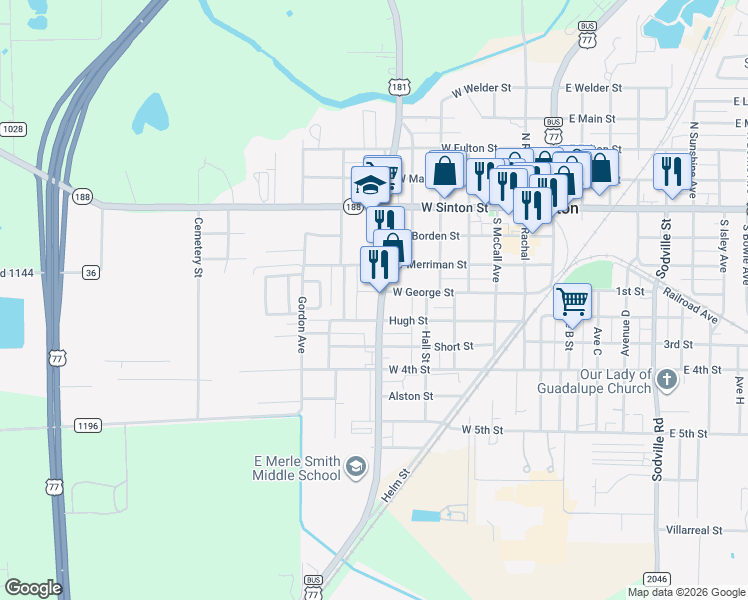 map of restaurants, bars, coffee shops, grocery stores, and more near 400 South San Patricio Street in Sinton