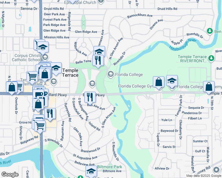 map of restaurants, bars, coffee shops, grocery stores, and more near 119 North Glen Arven Avenue in Temple Terrace