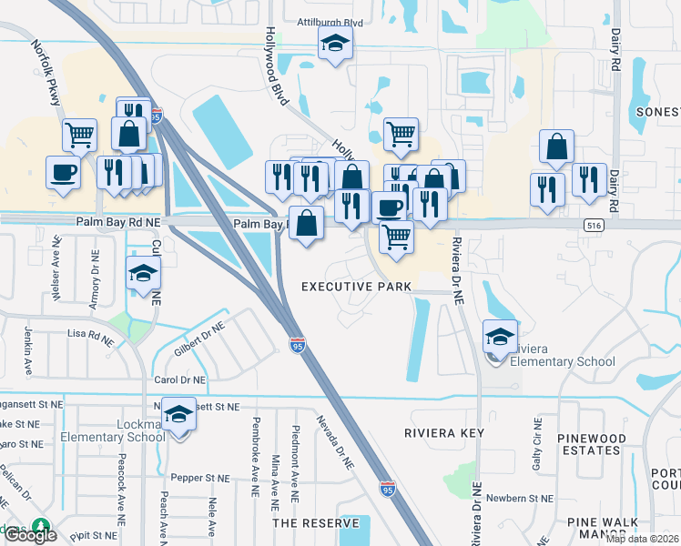 map of restaurants, bars, coffee shops, grocery stores, and more near 1451 Executive Circle Northeast in Palm Bay