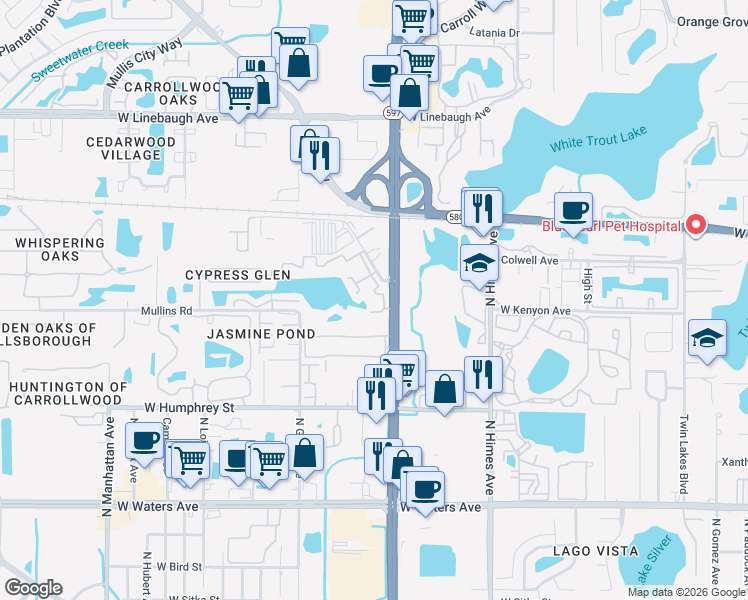 map of restaurants, bars, coffee shops, grocery stores, and more near 3816 Cortez Drive in Tampa