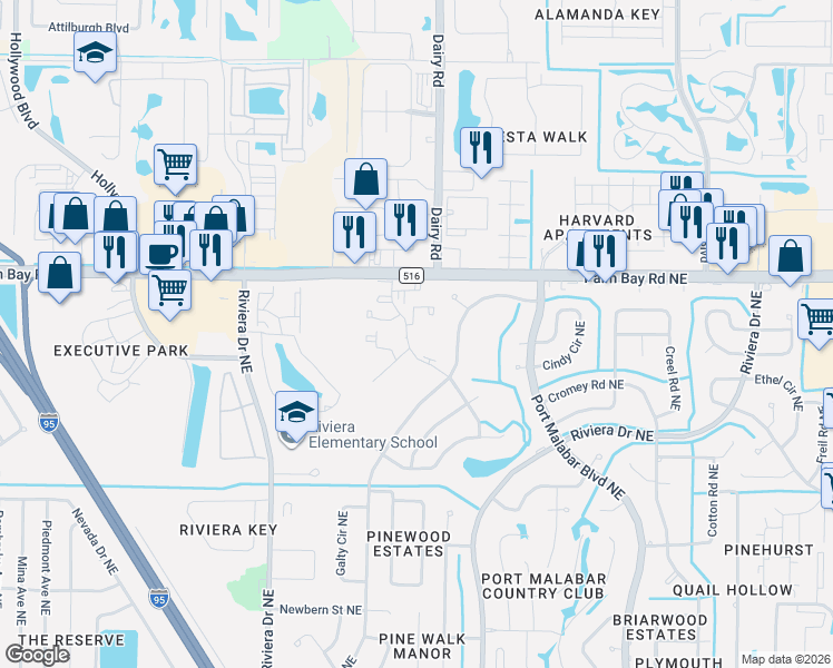 map of restaurants, bars, coffee shops, grocery stores, and more near 1421 Sheafe Avenue Northeast in Palm Bay