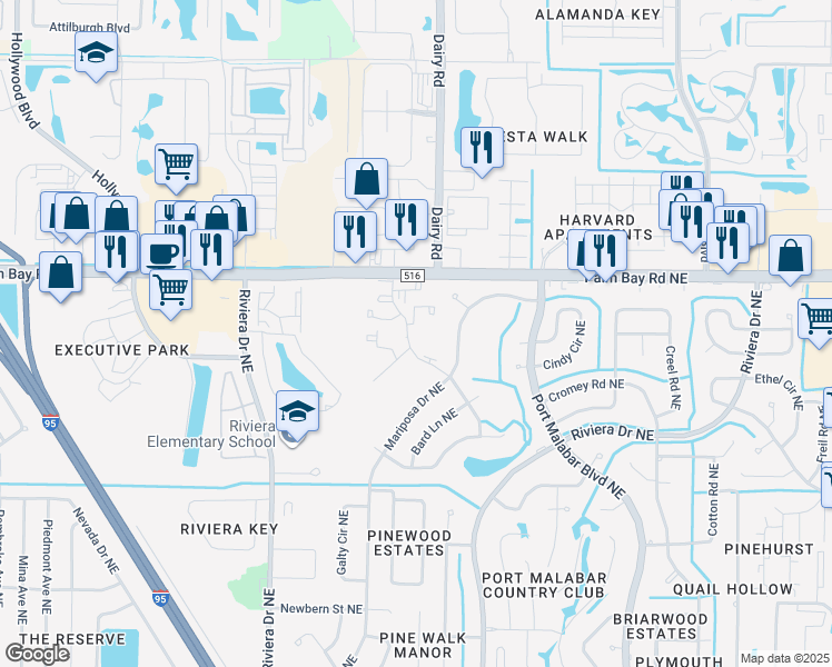map of restaurants, bars, coffee shops, grocery stores, and more near 1431 Sheafe Avenue Northeast in Palm Bay