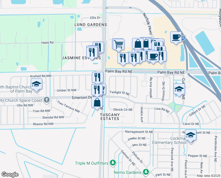 map of restaurants, bars, coffee shops, grocery stores, and more near 115 Donna Road Northeast in Palm Bay