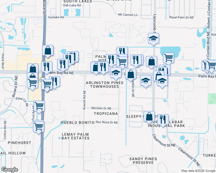 map of restaurants, bars, coffee shops, grocery stores, and more near 1430 Baytree Drive in Palm Bay