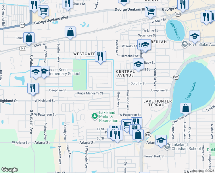 map of restaurants, bars, coffee shops, grocery stores, and more near 907 Corral Drive in Lakeland