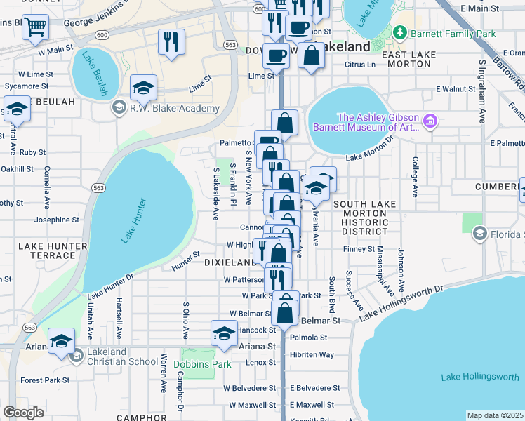 map of restaurants, bars, coffee shops, grocery stores, and more near 221 Cresap Street in Lakeland
