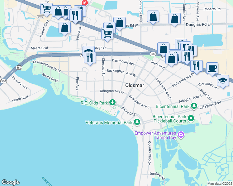 map of restaurants, bars, coffee shops, grocery stores, and more near 601 South Bayview Boulevard in Oldsmar