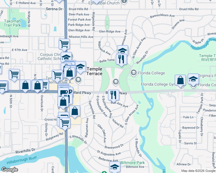 map of restaurants, bars, coffee shops, grocery stores, and more near 107 North Burlingame Avenue in Temple Terrace
