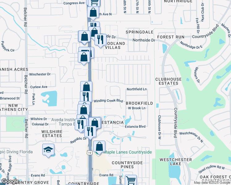 map of restaurants, bars, coffee shops, grocery stores, and more near 2500 Winding Creek Boulevard in Clearwater