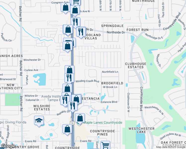map of restaurants, bars, coffee shops, grocery stores, and more near 2500 Winding Creek Boulevard in Clearwater