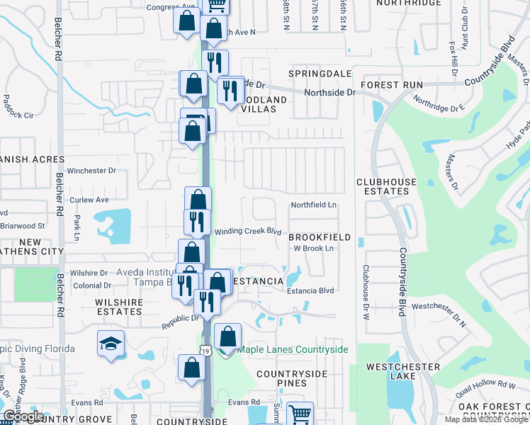 map of restaurants, bars, coffee shops, grocery stores, and more near 2500 Winding Creek Boulevard in Clearwater