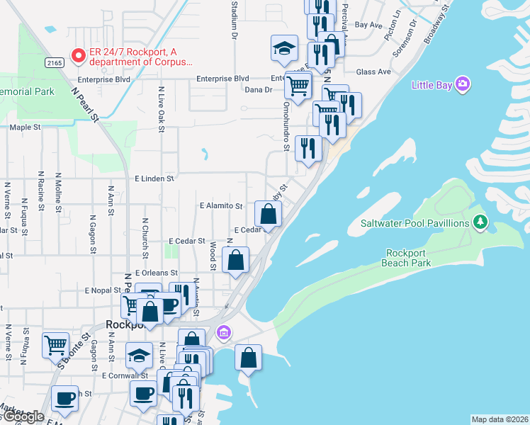 map of restaurants, bars, coffee shops, grocery stores, and more near 1608 Victoria Avenue in Rockport