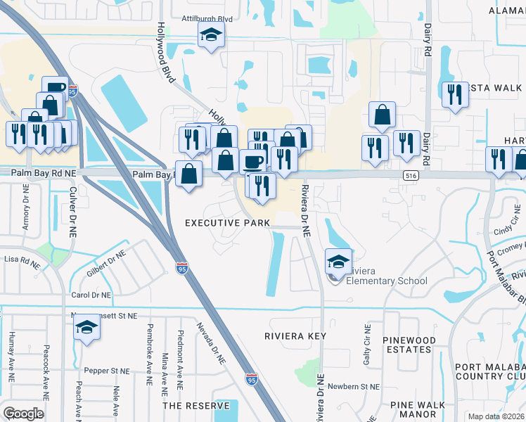 map of restaurants, bars, coffee shops, grocery stores, and more near 820 Palm Bay Road Northeast in Palm Bay