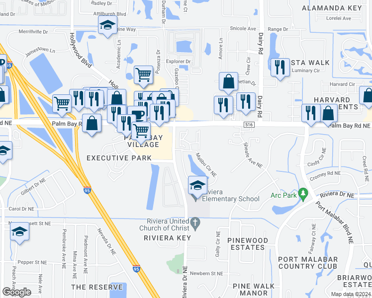 map of restaurants, bars, coffee shops, grocery stores, and more near 954 Sonesta Avenue Northeast in Palm Bay