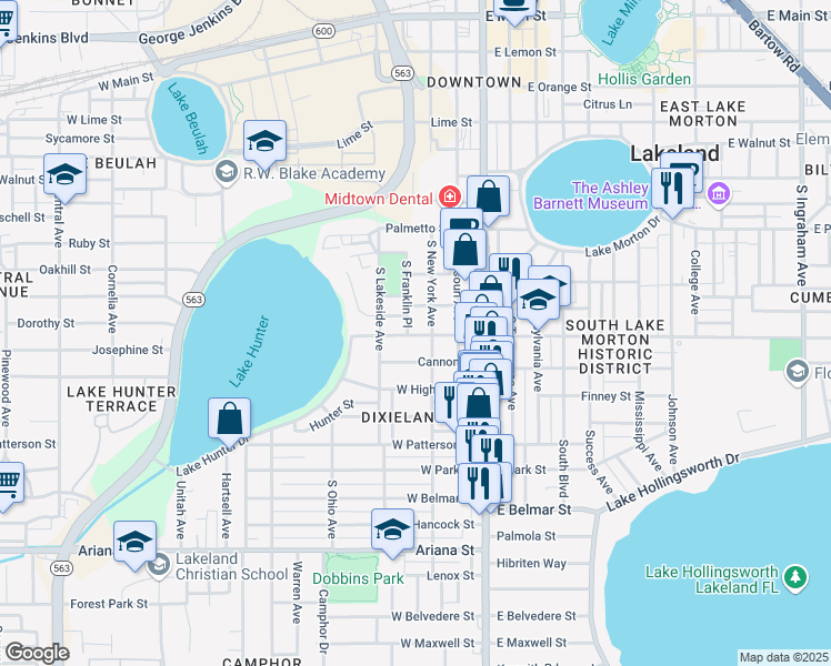 map of restaurants, bars, coffee shops, grocery stores, and more near 852 South Franklin Place in Lakeland