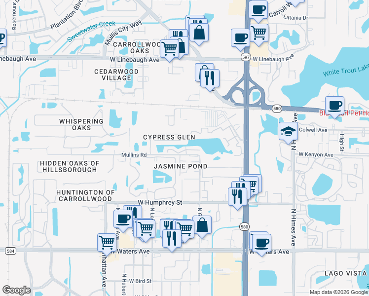 map of restaurants, bars, coffee shops, grocery stores, and more near 8829 Cypress Hammock Drive in Tampa