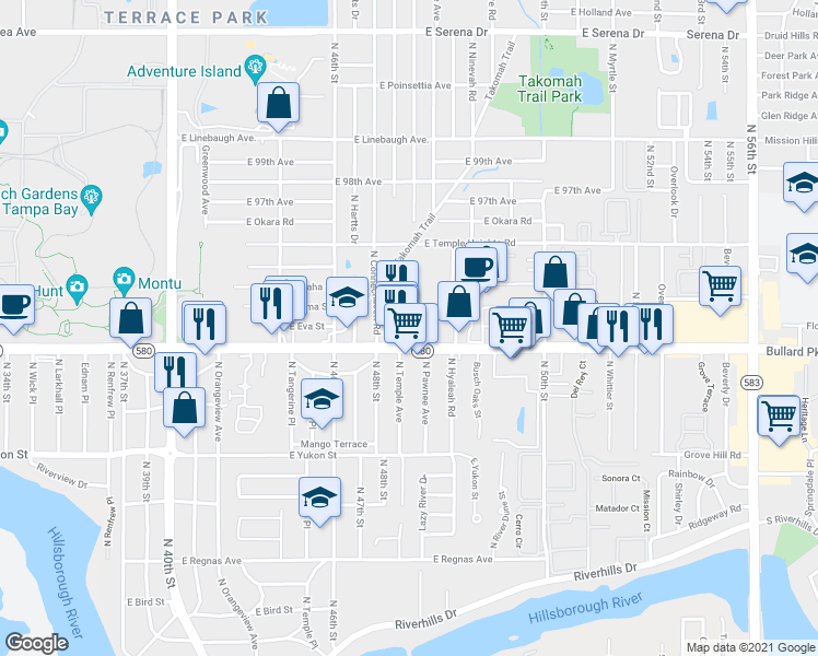 map of restaurants, bars, coffee shops, grocery stores, and more near 4805 Sandra Drive in Tampa