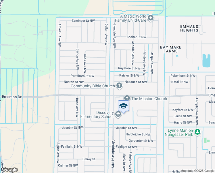 map of restaurants, bars, coffee shops, grocery stores, and more near 1411 Dallam Avenue Northwest in Palm Bay