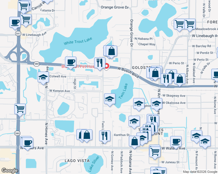 map of restaurants, bars, coffee shops, grocery stores, and more near 8709 Twin Lakes Boulevard in Tampa