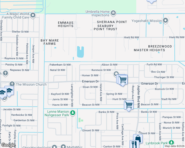 map of restaurants, bars, coffee shops, grocery stores, and more near 1135 Homer Street Northwest in Palm Bay