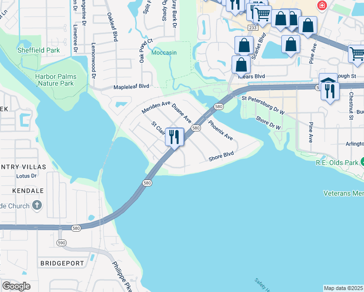 map of restaurants, bars, coffee shops, grocery stores, and more near 3689 Florida 580 in Oldsmar