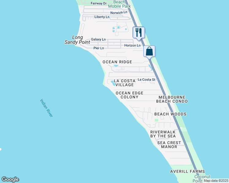 map of restaurants, bars, coffee shops, grocery stores, and more near 395 Richards Road in Melbourne Beach