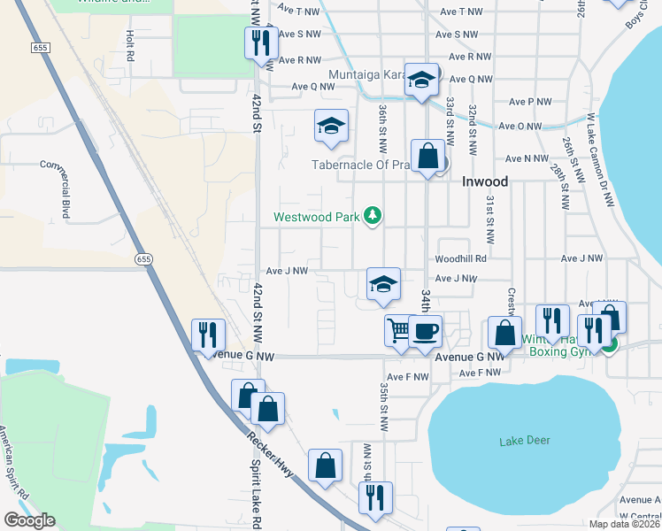 map of restaurants, bars, coffee shops, grocery stores, and more near 3715 1/2 Avenue J Northwest in Winter Haven