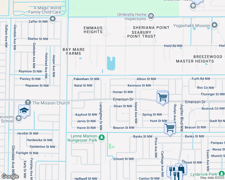 map of restaurants, bars, coffee shops, grocery stores, and more near 1199 Homer Street Northwest in Palm Bay