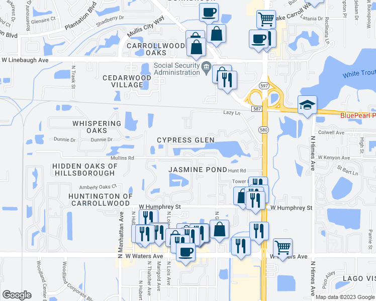 map of restaurants, bars, coffee shops, grocery stores, and more near 4133 Muriel Place in Tampa