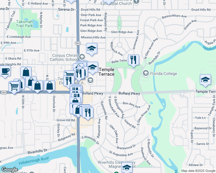 map of restaurants, bars, coffee shops, grocery stores, and more near 107 Ridgedale Road in Tampa
