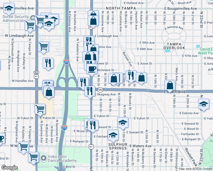 map of restaurants, bars, coffee shops, grocery stores, and more near 9207 N 10th St in Tampa