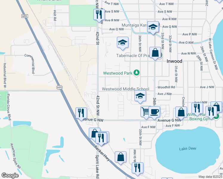 map of restaurants, bars, coffee shops, grocery stores, and more near 3821 Avenue J Northwest in Winter Haven
