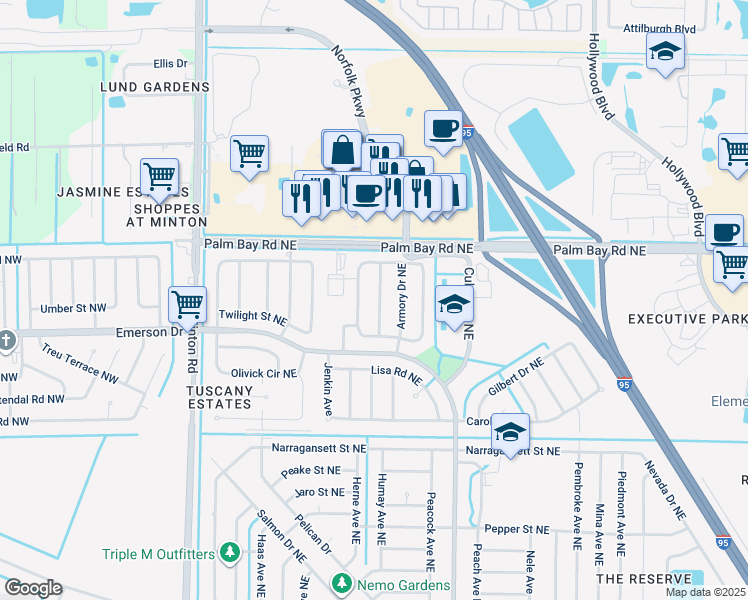map of restaurants, bars, coffee shops, grocery stores, and more near 1350 Altamont Avenue Northeast in Palm Bay