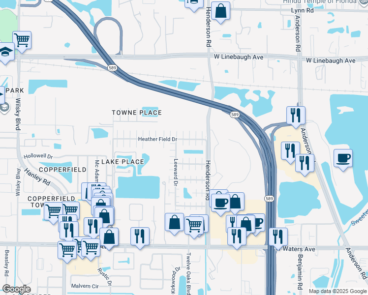 map of restaurants, bars, coffee shops, grocery stores, and more near 8901 Shady Tree Court in Tampa