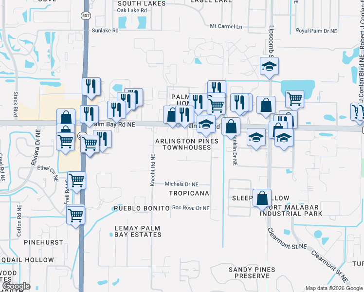 map of restaurants, bars, coffee shops, grocery stores, and more near 1300 Arlington Lane Northeast in Palm Bay
